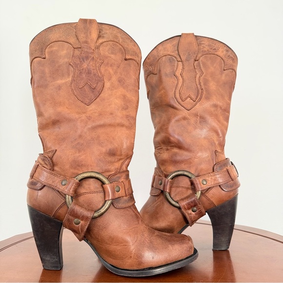 Justin Brown Tan Harness Moto Western Cowgirl Heeled Tall Boots | 7.5 - Picture 6 of 10